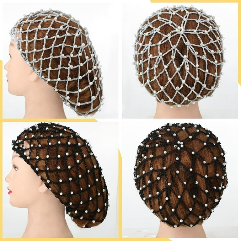 4 Pieces Snoods for Women Hair Net Pearl Crochet Mesh