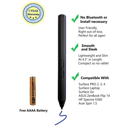 Smartpen Surface Stylus with 1024 Levels of Pressure Sensitivity Pen Aluminum Body, Laptop Stylus Mini Pen 2019 Microsoft Surface Pro, Surface Pro 5, Surface Pro 4, with AAAA Battery Included -