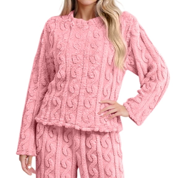 Women's Fuzzy Pajama Tops Long Sleeve Fleece Flannel Pj Winter Warm Thick Sleeping Pullover Embroidered Sleepwear,Pink - M