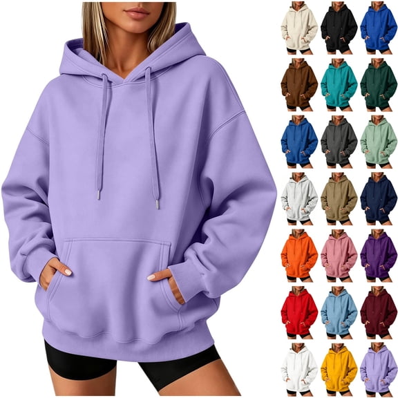 WULMLEO Women's Oversized Hoodies Drawstring Long Sleeve Sweatshirts with Pocket Fall Winter Casual Pullover Tops Light Purple S