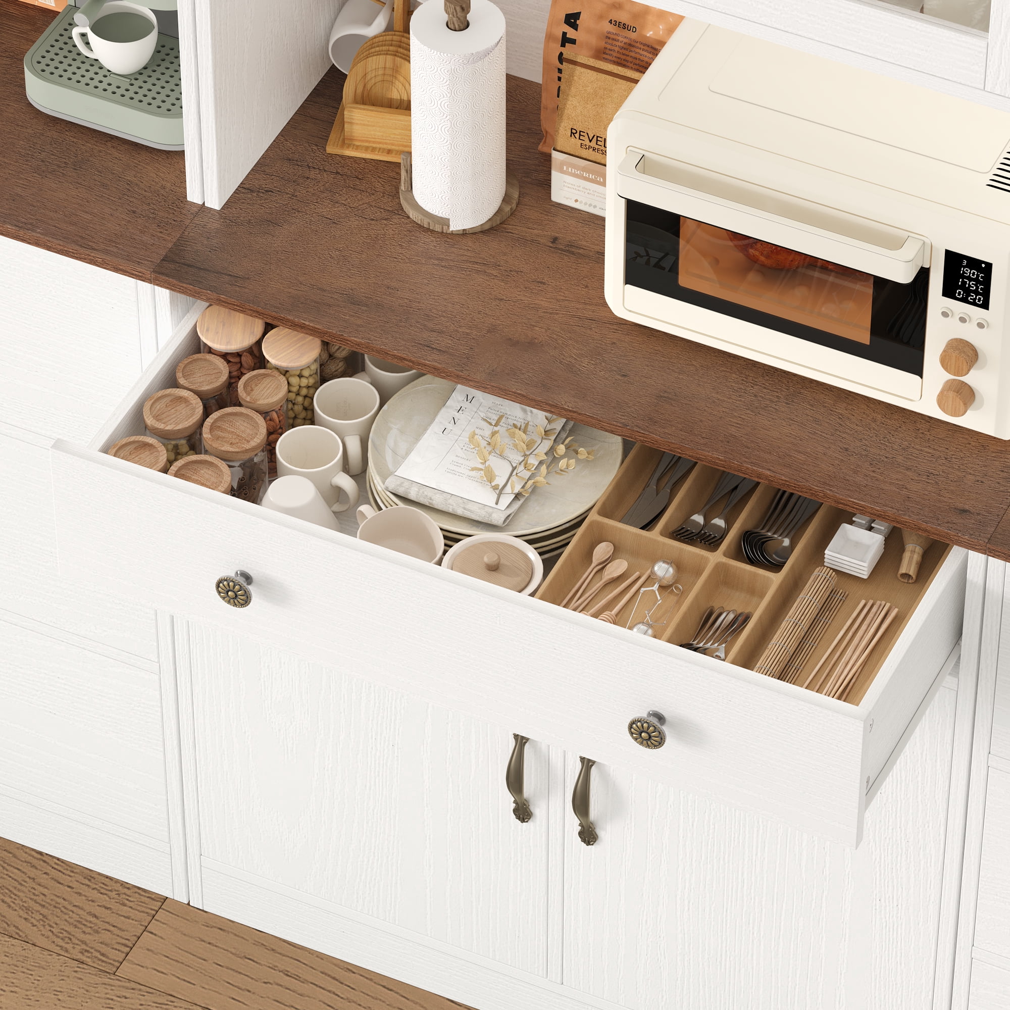 Homfa 71'' Kitchen Pantry Cabinet with Microwave Shelf & Drawer, 4 Doors Pantry Storage Cabinet with Adjustable Shelves for Dining Room, White