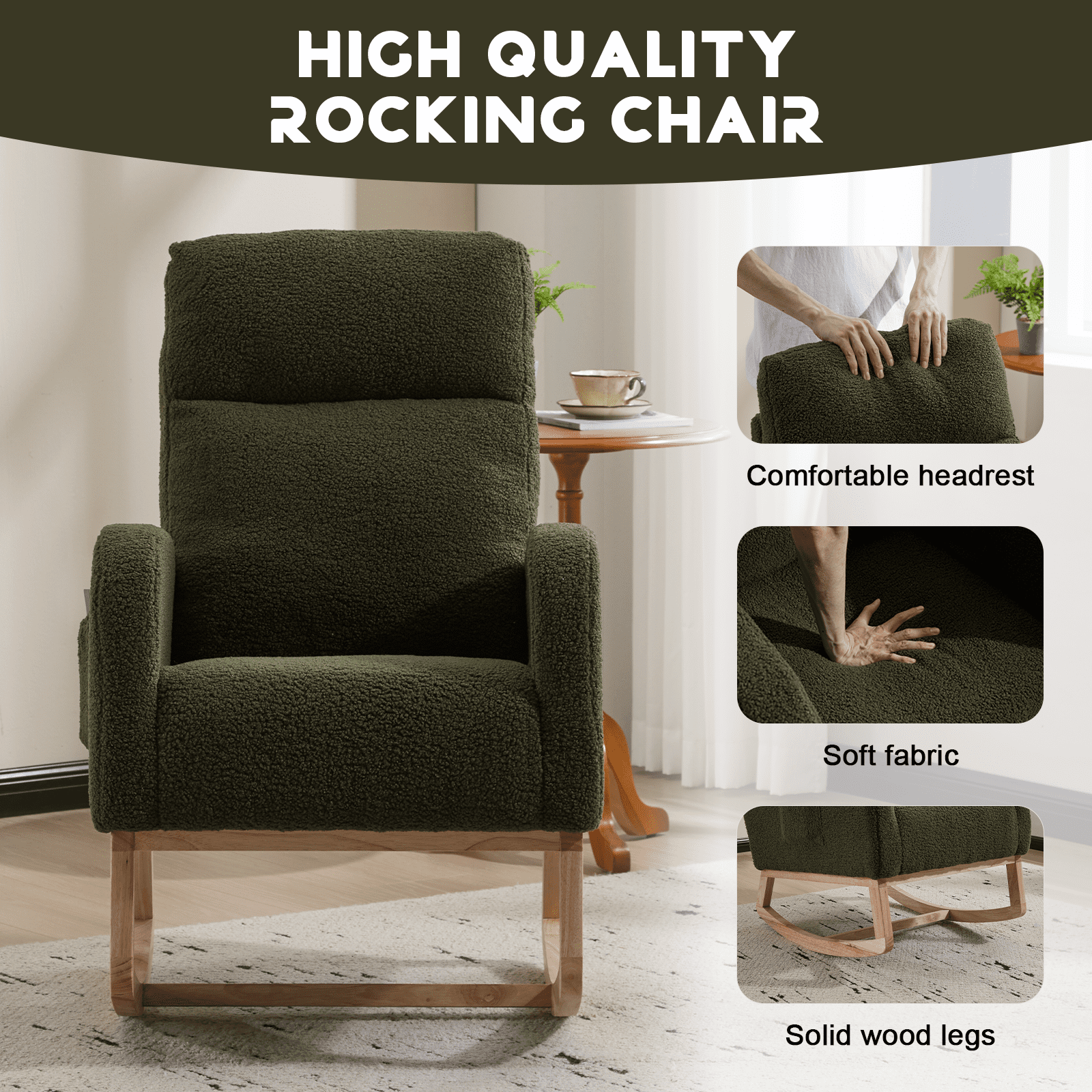 FFZ Modern Accent Rocking Chair Solid Wood Legs Upholstered Nursery Glider Armchair Side Pocket Green