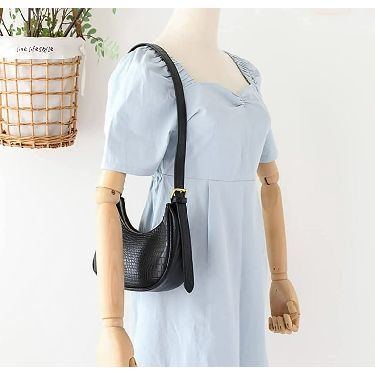 Pikadingnis Shoulder Bag for Women PU Bright Crescent Bag Small Crocodile Bag with Adjustable Strap, Adult Unisex, Size: One size, Black
