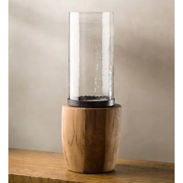 Recycled Wood Base with Glass Hurricane, Large