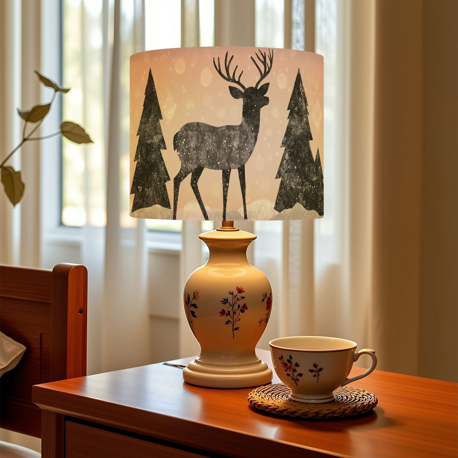 Linen Drum Lampshades Deer Abstract Wild Deer Surrounded By Trees Forest Modern Antlers Pine 13"x13"x10" Light Shade for Table Lamps Floor Lamp Shades Lampshade Replacement Assembly Required