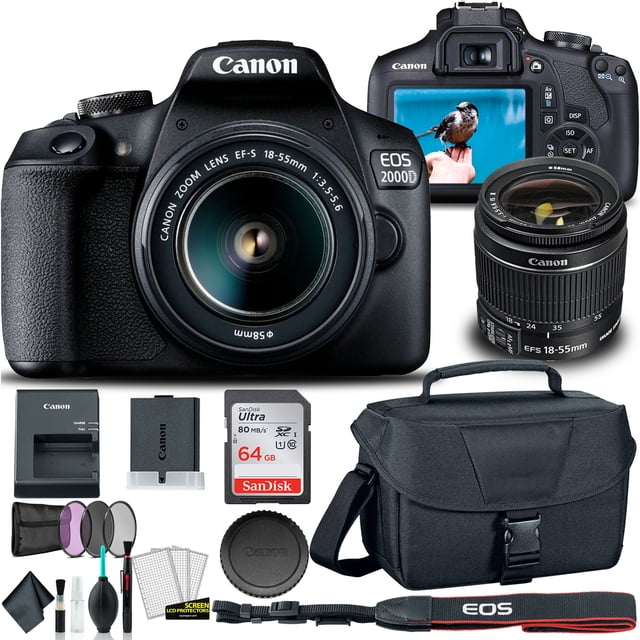 Canon EOS 2000D / Rebel T7 DSLR Camera with 18-55mm Lens + Creative Filter Set, EOS Camera Bag + Sandisk Ultra 64GB Card + Cleaning Set, and More (International Model)