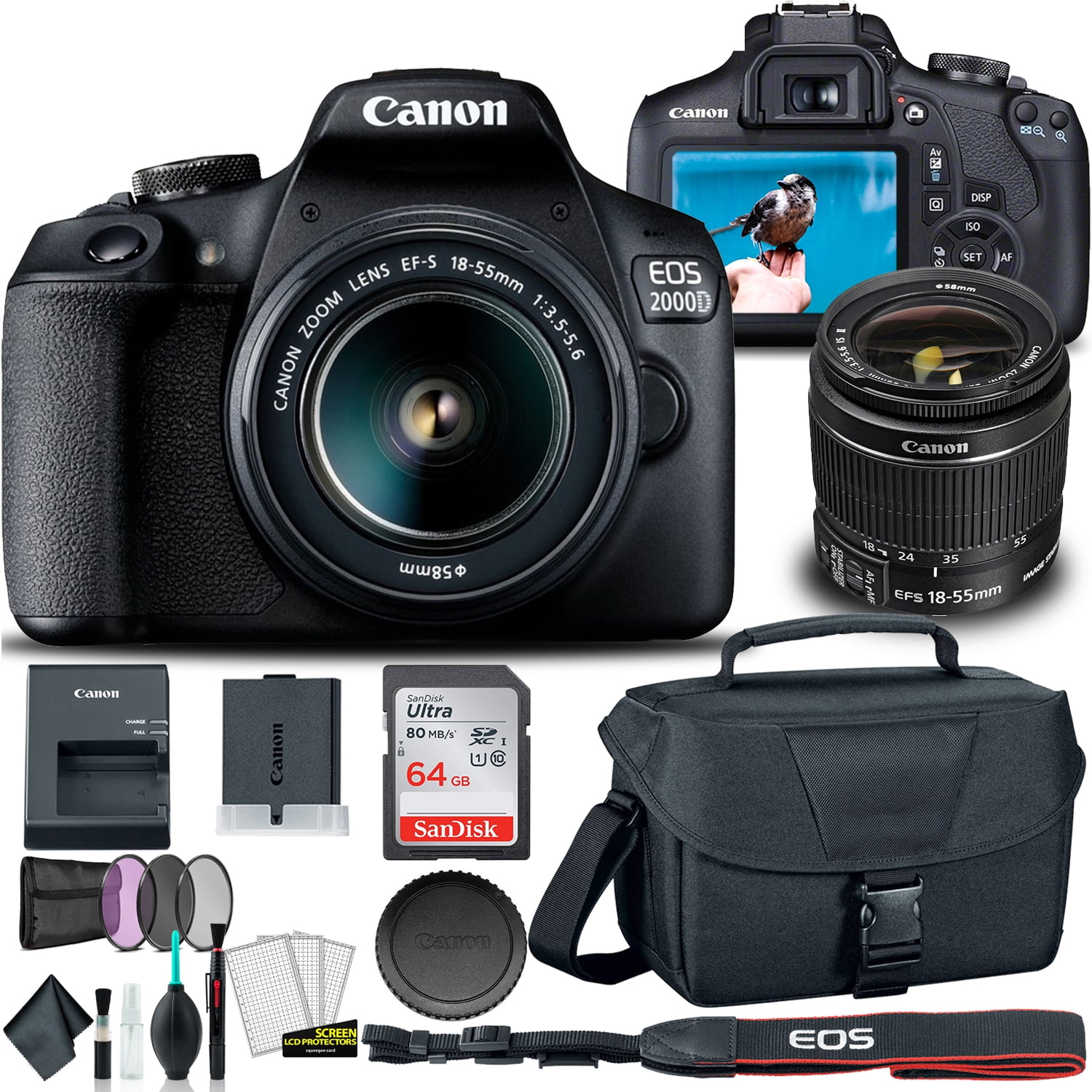 Canon EOS 2000D / Rebel T7 DSLR Camera with 18-55mm Lens + Creative Filter Set EOS Camera Bag + Sandisk Ultra 64GB Card + Cleaning Set and More (International Version)