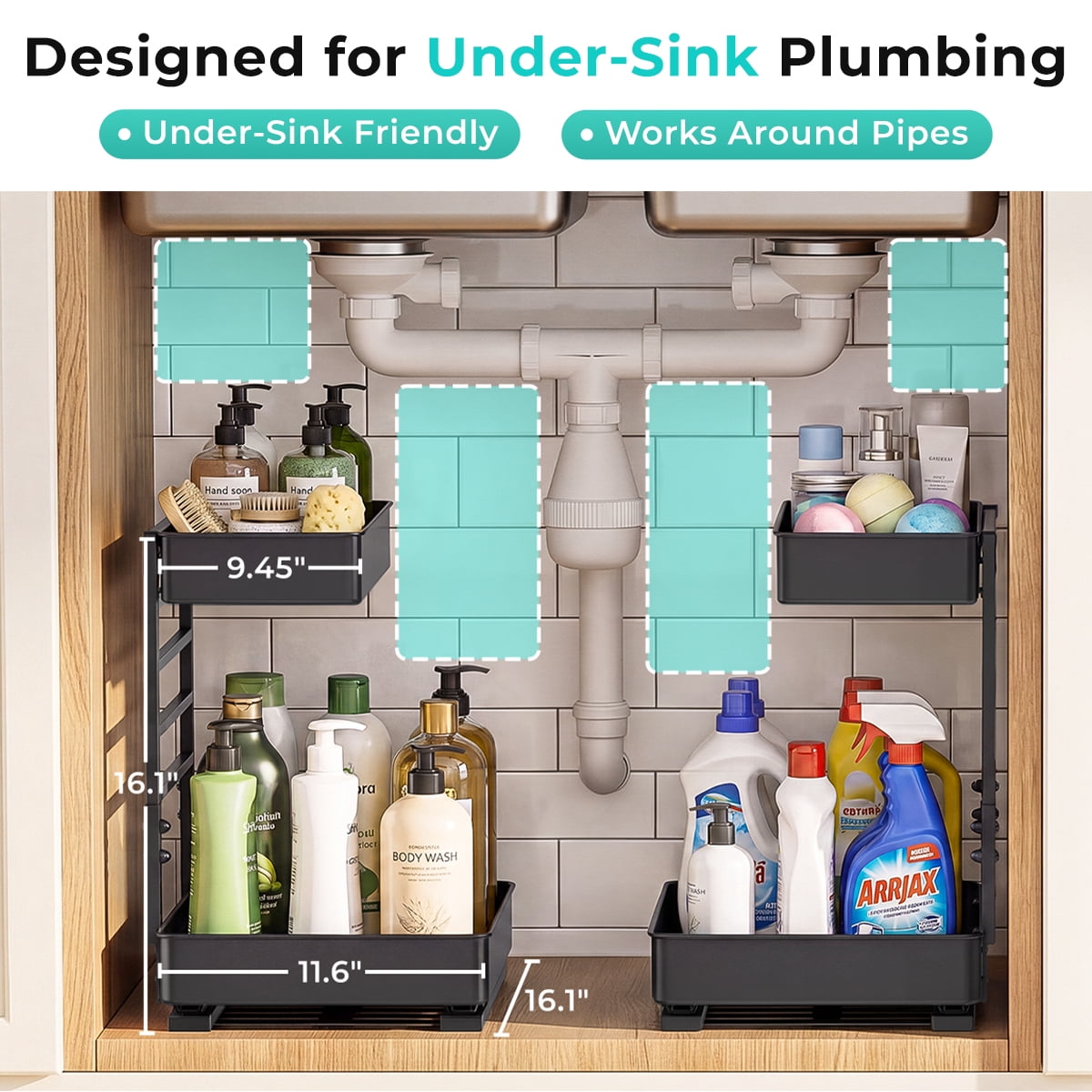 Everie Adjustable 2-Tier Pull Out Under Sink Organizer Heavy Duty Metal Slide Shelf for Kitchen Bathroom Cabinet 16" Deep 2-Pack Black