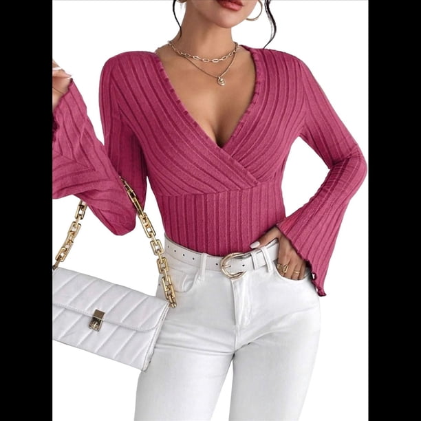 Camiseta de Larga Ajustada con Cuello en V Acanalado para Mujer, Top Informal de Moda con Mangas Acampanadas. Rosa Roja XL