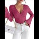 thumbnail image 1 of Camiseta de Larga Ajustada con Cuello en V Acanalado para Mujer, Top Informal de Moda con Mangas Acampanadas. Rosa Roja XL, 1 of 9