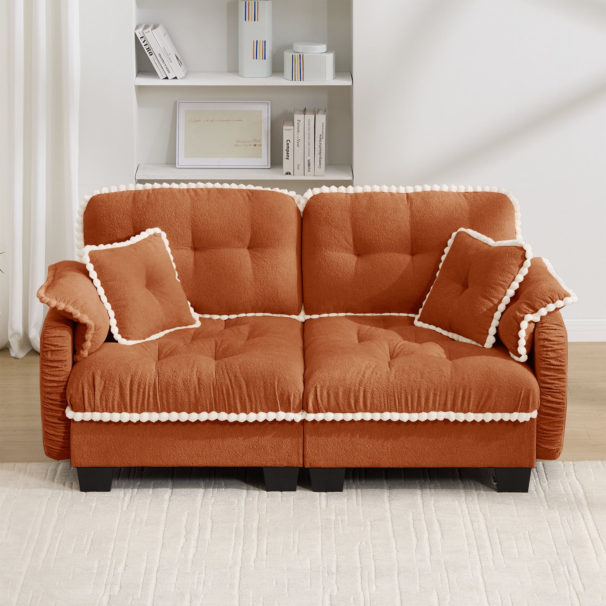 Anpport 70" Chenille Cloud Loveseat with 4 Pillows, Pom‑Pom Trim, Quilted Tufted Ergonomic, Easy Assembly Deep Seat for Living Room Apartment, Orange