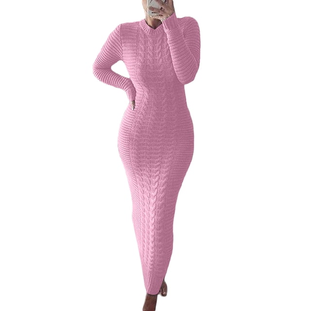 VISgogo Vestido de Punto de Manga Larga para Mujer, Patrón de Ganchillo Color sólido Acanalado Cuello Redondo Casual Fiesta de Club Largo de una Pieza VISgogo moda