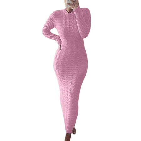 

Women Long Sleeve Knitted Dress Crochet Pattern Solid Color Ribbed Round Collar Casual Long Club Party One-Piece