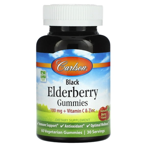 Carlson - Black Elderberry Gummies, 100 mg   Vitamin C and Zinc, Immune Support, Berry Flavor, 60 Gummies