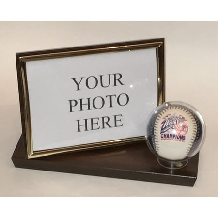 Photo Display Case - Baseball and 5X7 Photo Horizontal Desktop Display Case - Cherry Finish Wood Base and Frame - Free Engraving