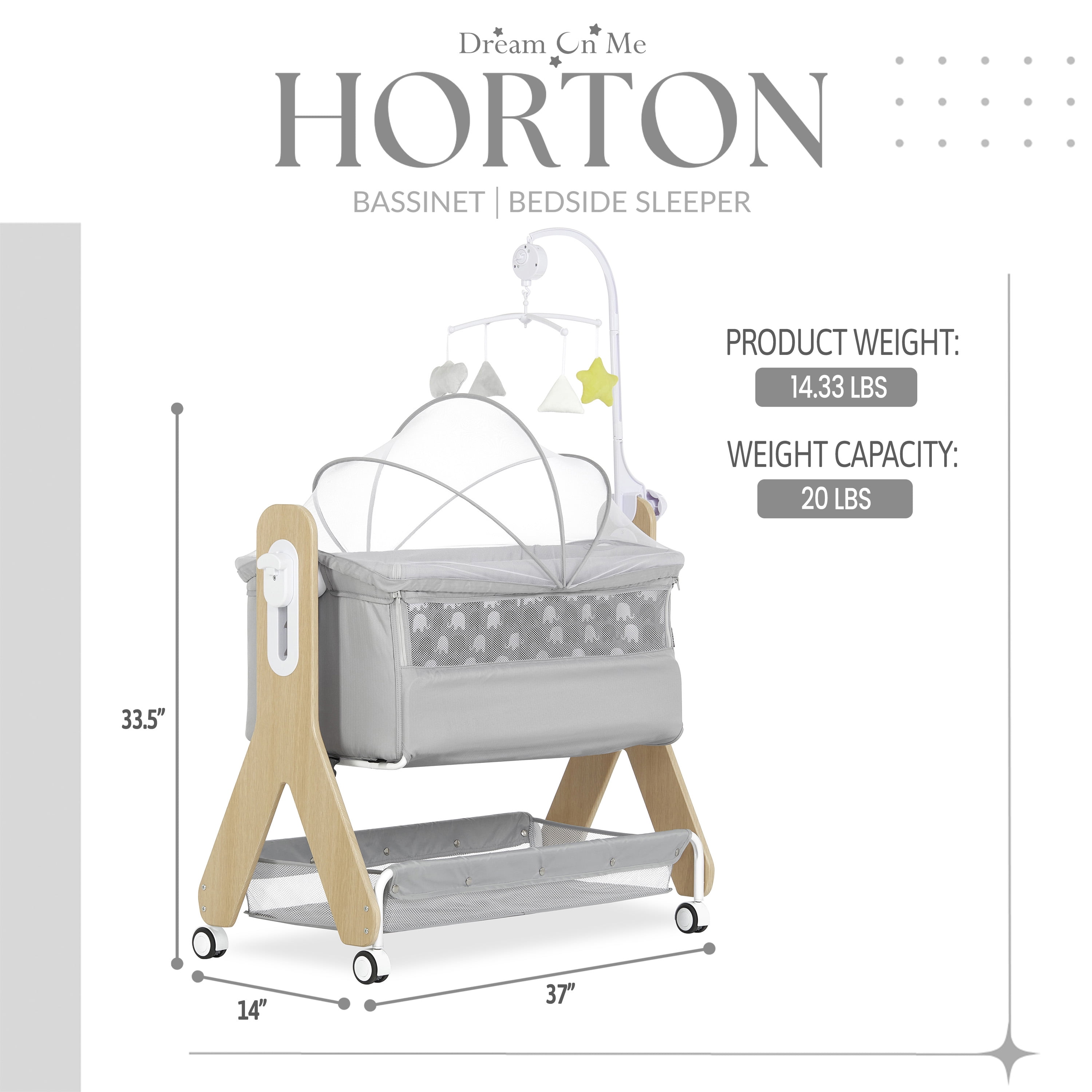 Dream On Me Horton Bassinet and Bedside Sleeper for Newborn In Gray, Large Storage Area