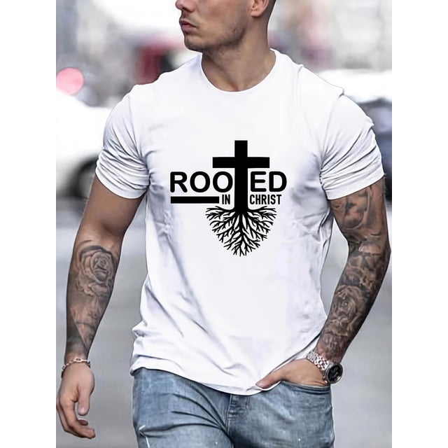 Rooted in Christ" Men's Casual T-Shirt - Breathable Polyester, Crew Neck, Short Sleeve - Perfect for All Seasons Tee For Adult, Men, Women, Teen, Teenager, Adolescent,Youth