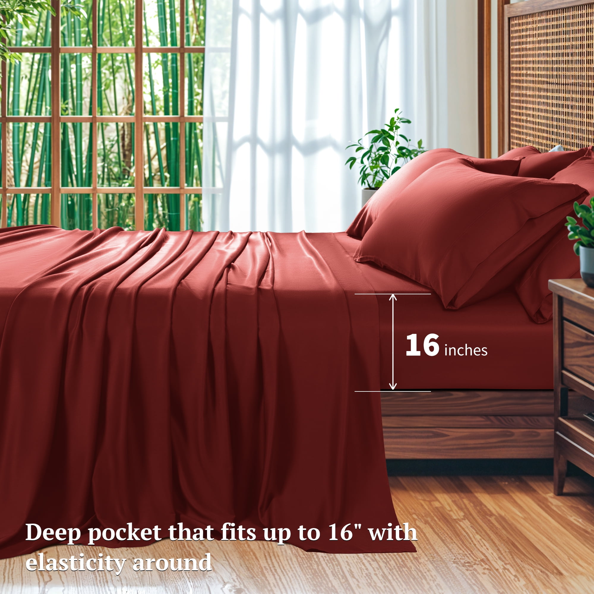 SONORO KATE 6 Pieces Bamboo Bed Sheets Set, Luxury Rayon Derived - Deep Pockets - Wrinkle Free - Extremely Soft, Queen, Burgundy