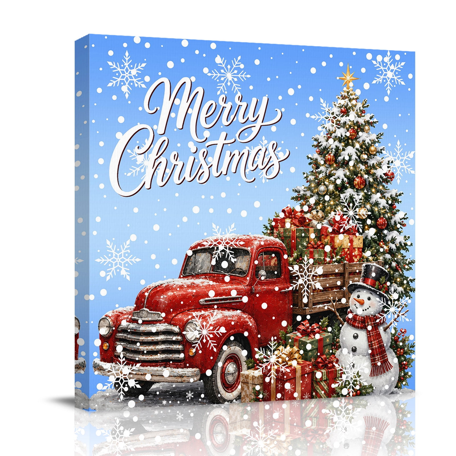 Canvas Wall Art Christmas Truck Framed Canvas Prints for Bathroom Desk Xmas Snowflake Tree Snowman Blue Small Gallery Wrapped Wall Decor for Home Office Gifts 8 x8 Ship Next Day