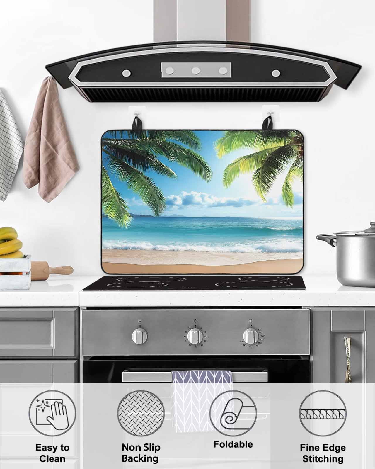 nqOlkjepod Large Induction Cooktop Protector Mat 36"x21", Beach Ocean Stove Top Covers for Electric Stove, Summer Blue Sky Botanical Tree Leaves Stove Burner Cover Mats, Glass Top Stove Cover