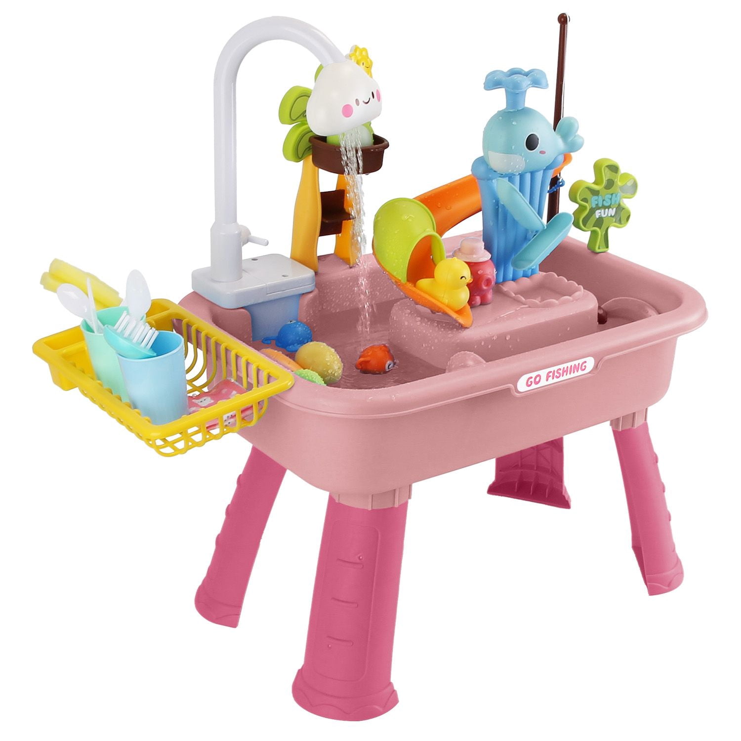 3 in 1 Kitchen Sink Toy with Electric Faucet Water Table Fishing Game Role Play Sink Set Indoor Outdoor for Kids Aged 3+ Years Old