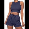thumbnail image 2 of Conjuntos de Verano para Mujer, Conjunto Informal de 2 Piezas con Top Corto y Pantalones Cortos de Punto Gofre, Ropa de Dormir, Azul Marino, Talla M, 2 of 8