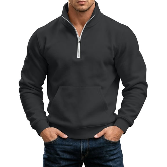Bosfbaoi Quarter Zip Sweatshirts for Men Stand Collar Half Zip Pullover with Kangaroo Pocket Long Sleeve Solid Casual Fleece Tops