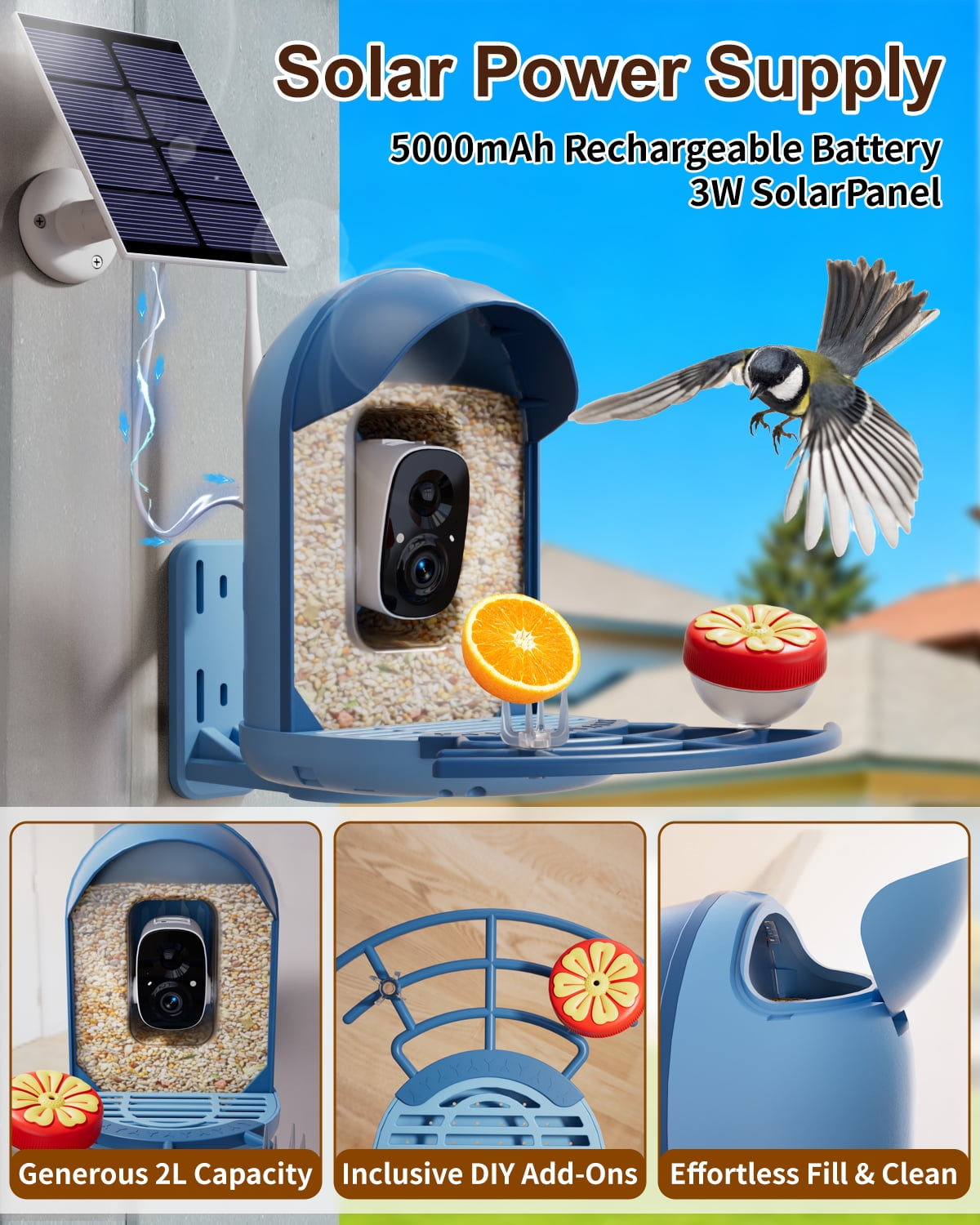 Bird Feeder with Camera, 2K HD Camera Birds Feeder with Bath Wireless Outdoor, Solar Powered Bird Watching with APP Control, Night Vision, Motion Detection Alerts, IP66 Birdfeeder for Backyard, Blue