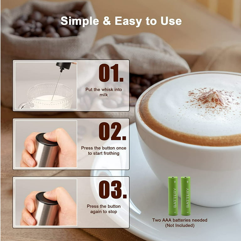  Powerful Handheld Milk Frother, Mini Milk Frother, Battery  Operated Stainless Steel Drink Mixer - Milk Frother Stand for Milk Coffee,  Lattes, Cappuccino, Frappe, Matcha, Hot Chocolate. Great Gift.: Home &  Kitchen