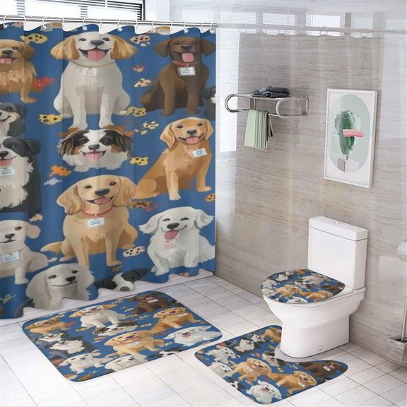 RKSupls 4PCS Cute Dogs Pattern Blue Waterproof Shower Curtain Sets with Hooks,Bathroom Sets with Non-Slip Rugs,Toilet Lid Cover and Bath Mat
