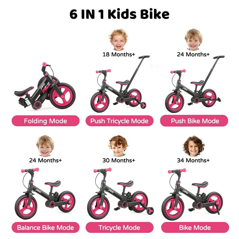 JMMD Toddler Bike with Push Handle, 6-in-1 Foldable Balance Bike