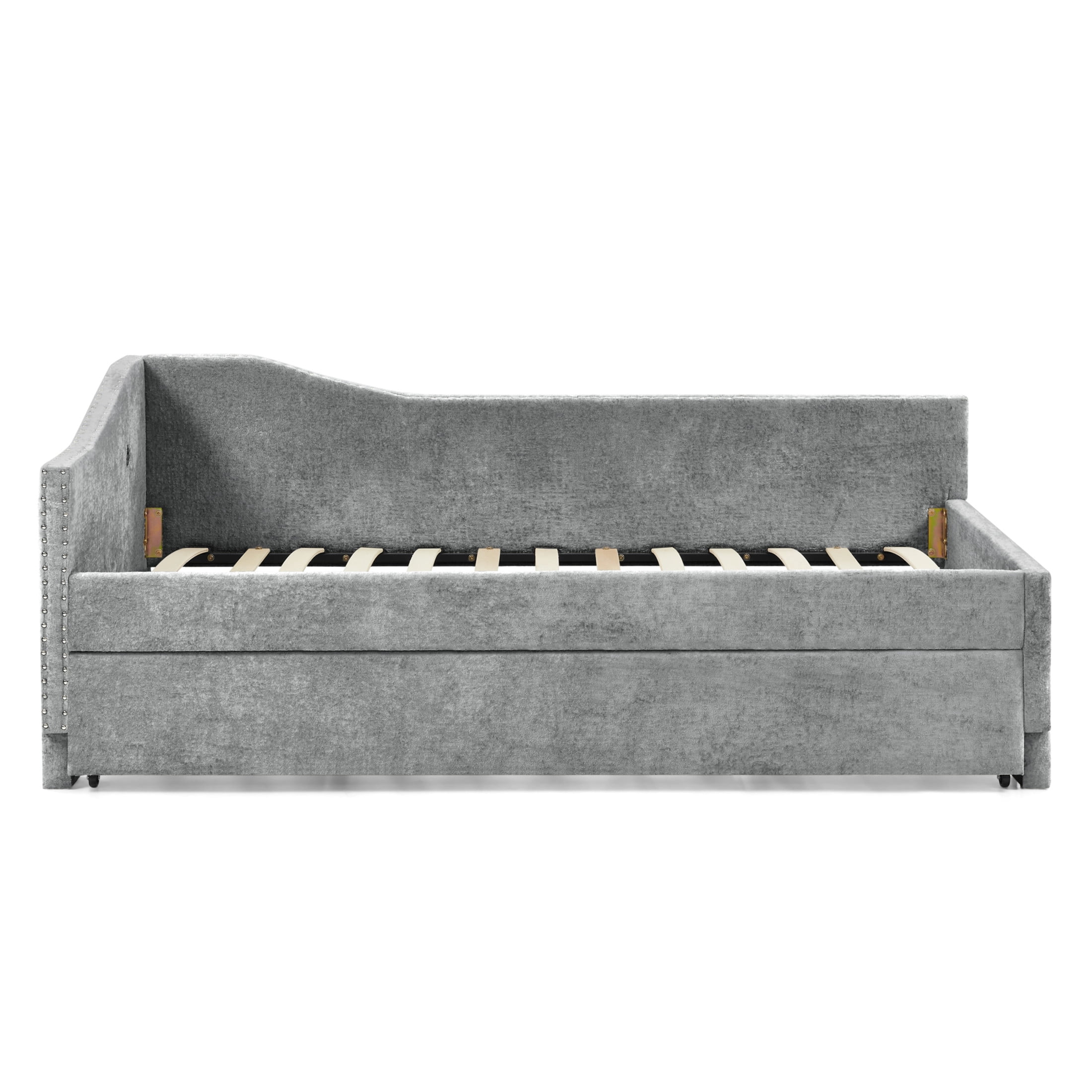 Noble House Phineas Full Size Chenille Padded Daybed, Sofa Bed Frame with Twin Trundle and Charging Port, Grey