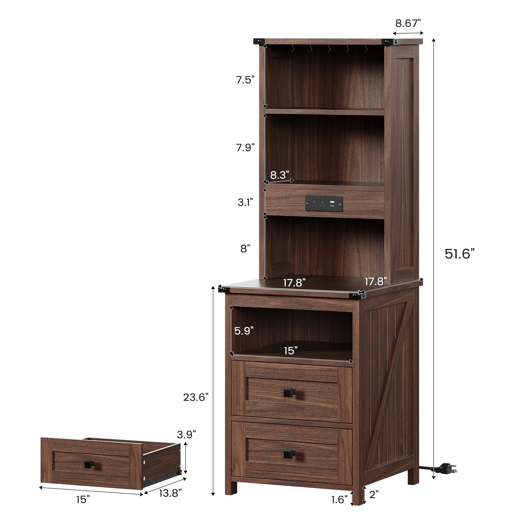 Farmhouse 51.6'' Tall Nightstand with Charging Station and LED Lights, Bed Side Table with 2 Drawers and Bookshelf & 6 Hooks, Easy to Assembly, Oak Brown