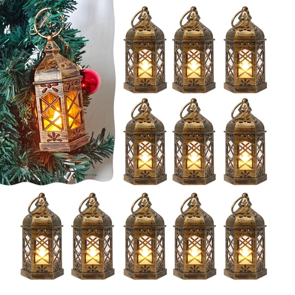 Antique Bronze Mini Lanterns Flickering LED Candles Decorative Hanging Lights 12 Pack