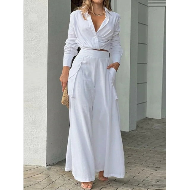 Ensemble Chemise & Pantalon Tendance à Manches Longues pour Femmes Tenue Élégante Décontractée Mode Confortable