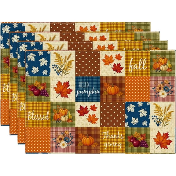 Hello Pumpkin Leaves Plaid Fall Placemats Set of 4, 12x18 Inch Seasonal Autumn Thanksgiving Table Mats Kitchen Dining Party Decoration