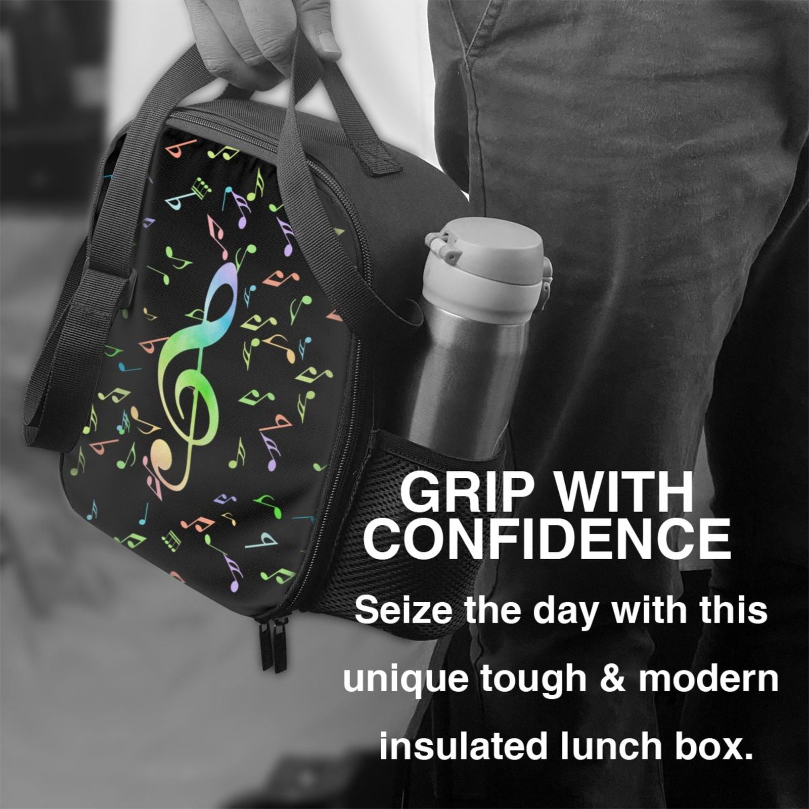Horeoi Music Notes Pattern Insulated Thermal Lunch Bag with Leakproof Compartments for Office School Picnic Reusable Oxford Tote
