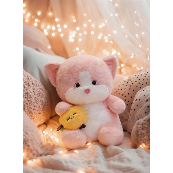 Cute Cat Plush Toy Long Soft Stuffed Animal for Girls, Kawaii Kitten Plushie Toys for Kids 2-6 Years Old Birthday Christmas Gifts(Pink,23cm)