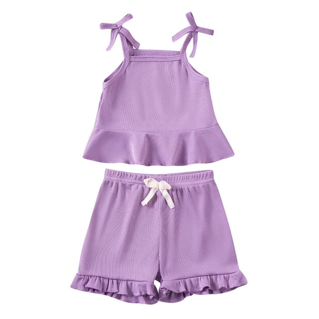 Girls' 2-Piece Outfit Set - Adorable Ruffled Sleeveless Top & Elastic Waist Shorts, Perfect Gift for Birthdays/Summer (0-6 Years)