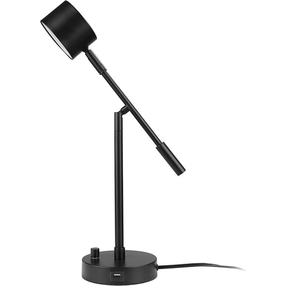 16" Integrated LED Swing Arm Desk Lamp, Matte Black, Dimmable On/Off Rotary Switch at Base, 2.1A USB Port