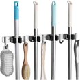 thumbnail image 1 of Stainless Steel Wall Mounted Broom Holder, Wall Mounted Broom Hanger with 4 Slots and 5 Hooks for Kitchen, Bathroom, Garage and Garden, Black, 1 of 5