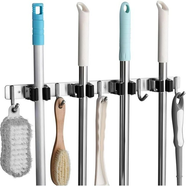 Stainless Steel Wall Mounted Broom Holder, Wall Mounted Broom Hanger with 4 Slots and 5 Hooks for Kitchen, Bathroom, Garage and Garden, Black