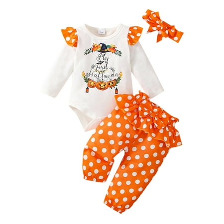 

Calsunbaby Kids Baby Girls Halloween Romper Pants Hairband Bow Pumpkin Skull Letter Print Outfits Clothes Orange 9-12 Months