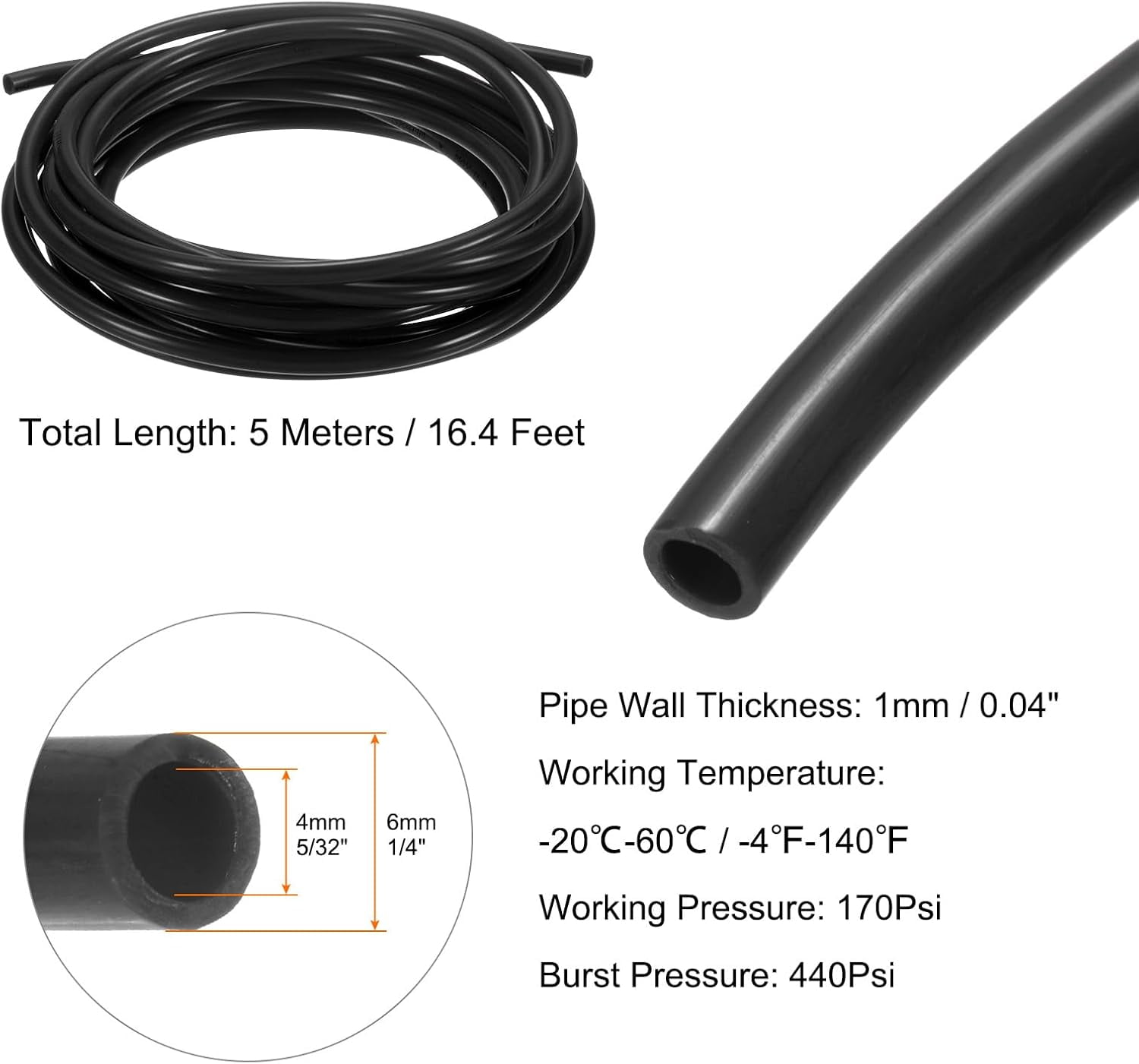 MKEUDQ-Pneumatic Tubing Pipe Pu Hose 6mm OD x 4mm ID 5 Meters(16.4 FT) Air Compressor PU Polyurethane Line Hose Tube for Air Compressor Water Fluid Transfer, Black