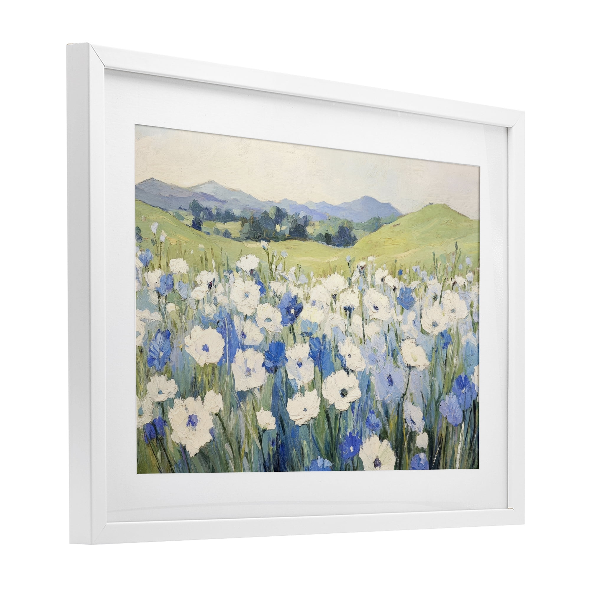 Stupell Industries Blue & White Daisies White Framed Print Under Glass, design by Petal Prints Design