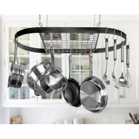 Low Ceiling Oval Pot Rack - Pot and Pan Rack for Ceiling with 12 Hooks — Decorative Oval Mounted Storage Rack — Multi-Purpose Organizer for Home, Restaurant, Kitchen Cookware, Utensils, Books, Household