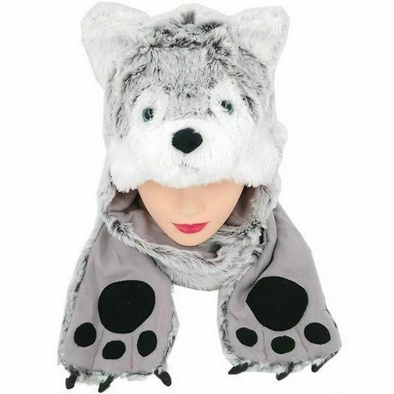 Plush Fleece Animal Hat GREY WOLF with Mittens Long Arms PAWS cute warm USA - New with box/tags