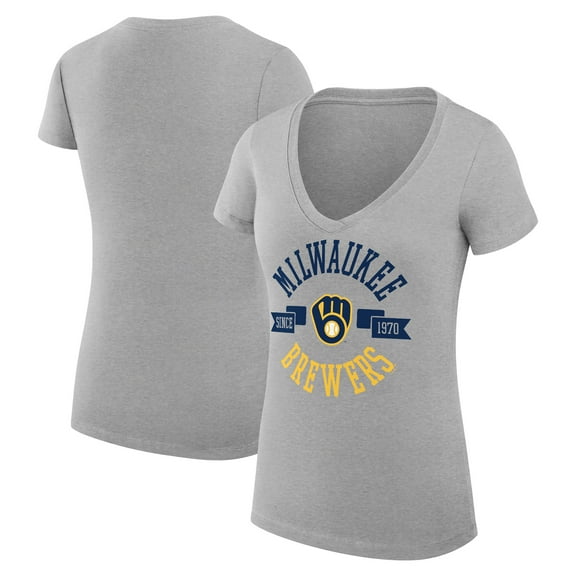 Women's G-III 4Her by Carl Banks Heather Gray Milwaukee Brewers Super-Slim Fit Lightweight City Graphic V-Neck T-Shirt