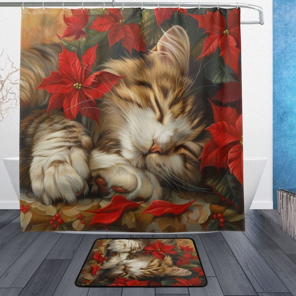 BZSMCE Shower Curtain and Bath Accessory Set,Dreamy Tabby Nestled in Poinsettias Pattern