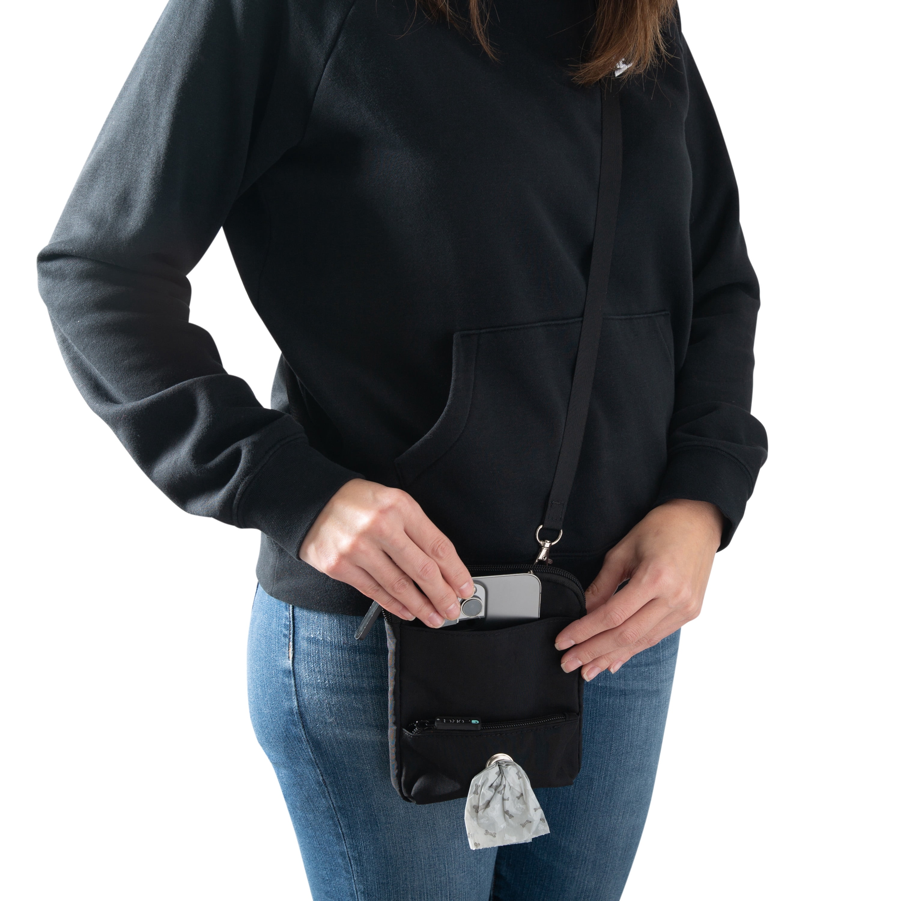 Pounce + Fetch Travel Cross Body Bag with Pet Waste Bag Dispenser, Black